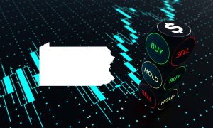 Image showing the PA state outline and a chart with the words buy, sell, hold for a story about the PA online casino and sportsbook stocks to watch in 2024.