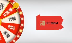 Image showing a bonus wheel and the BetMGM logo inside the PA state outline for a story about BetMGM Casino PA releasing new Wheel of Fortune games in 2024.
