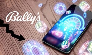 Image showing online casino gaming on a phone along with the Bally's logo and an arrow pointing down for a story about Bally Casino PA not reaching profitability until 2025.