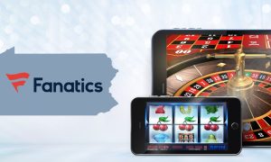 Image showing online casino gaming with playing cards and slots on phones along with the PA state outline featuring the Fanatics logo for a story about Fanatics launching its online casino and sportsbook product in the Keystone State today.