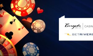 Image showing online casino gaming with playing cards along with the PA state outline with Borgata and BetRivers logos for a story about Rivers Philadelphia solidifying its spot as the No. 3 PA online casino licensee.