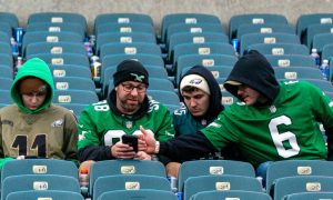 Photo of Eagles fans looking at their phones for a story about GeoComply releasing data that showed the Eagles' Lincoln Financial Field featured the third-most sports bets this season.