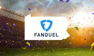 Image showing a sports field in the background along with the PA state outline featuring the FanDuel logo for a story about FanDuel topping $10 billion in handle and $1 billion in revenue within the Keystone State sports betting market.