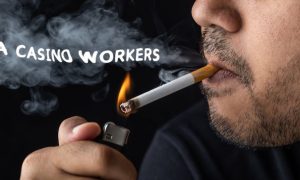 Close-up of man smoking with the words "PA casino workers" floating in the smoke. While CEASE is suing New Jersey for allowing smoking inside casinos, it does not directly affect Pennsylvania's effort to ban smoking.