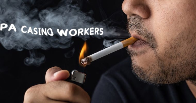 Close-up of man smoking with the words "PA casino workers" floating in the smoke. While CEASE is suing New Jersey for allowing smoking inside casinos, it does not directly affect Pennsylvania's effort to ban smoking.