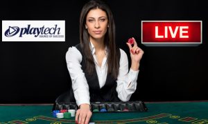Female dealer is dealing cards. Behind her is a red "live" studio sign and a Playtech logo. Playtech's new Pennsylvania live dealer studio should help the company's business to grow in North America.
