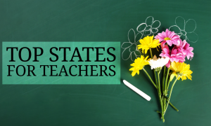 Photo of classroom chalkboard with a bouquet of gerbera daisies with headline text Best States for Teachers.