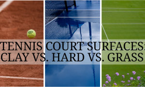 Three AP photos of tennis court surface types. Text says tennis court surfaces: clay vs. hard vs. grass.