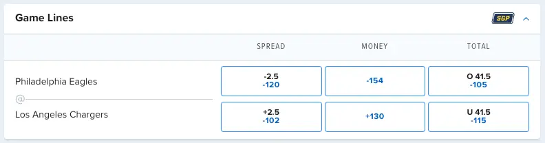 Sample betting lines from FanDuel Sportsbook