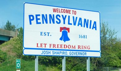 Welcome to Pennsylvania highway sign with Josh Shapiro listed as governor