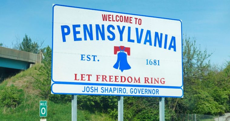 Welcome to Pennsylvania highway sign with Josh Shapiro listed as governor