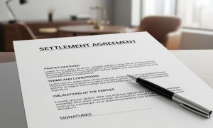 Settlement agreement document with pen on desk