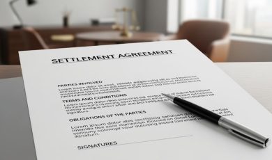 Settlement agreement document with pen on desk