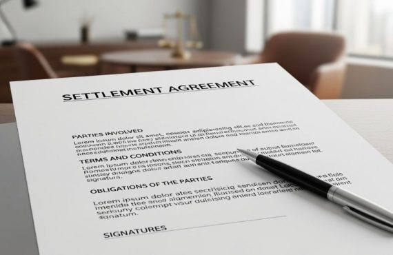 Settlement agreement document with pen on desk