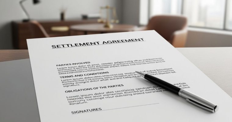 Settlement agreement document with pen on desk