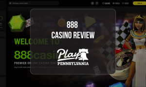 888 Casino Review: Homepage screenshot displaying casino games, jackpot promotions, and Play Pennsylvania logo