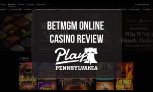BetMGM Casino Review: Website homepage displaying featured casino games, rewards features, and Play Pennsylvania review graphic