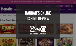 Harrah's Online Casino Review: Online casino homepage featuring slot games, casino game library, and Play Pennsylvania logo