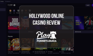Hollywood Online Casino Review: Online casino homepage featuring slot games, casino promotions, and Play Pennsylvania logo