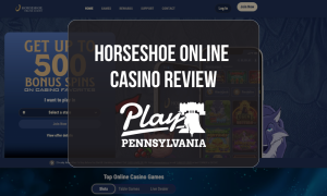 Horseshoe Casino Review: Homepage screenshot featuring welcome bonus offer, online casino games, and Play Pennsylvania review graphic