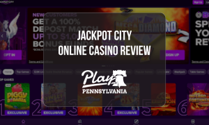 Jackpot City Online Casino Review: Online casino homepage featuring deposit match bonus, slot games, and Play Pennsylvania logo