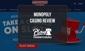 Monopoly Casino Review: Online casino homepage featuring Monopoly-themed slot promotions, bonus offers, and Play Pennsylvania logo