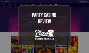 Party Casino Review: Online casino homepage featuring jackpot promotions, featured slot games, and Play Pennsylvania logo