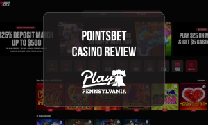 PointsBet online casino lobby showing deposit match and casino bonus offers, game categories, slots and new casino games for PlayPA review