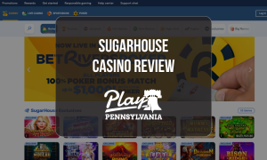 SugarHouse Casino Review featured image showing the Pennsylvania casino lobby, exclusive games and BetRivers Poker promotion on PlayPA