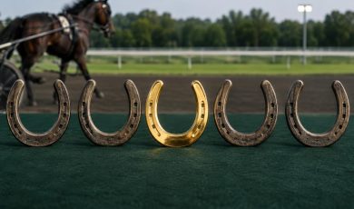 Five horseshoes, including one gold one, are lined up in the foreground with a blurred harness race taking place on the track behind them.