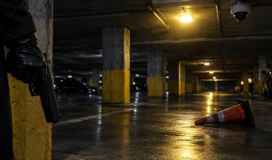 A person in a black leather glove holds a gun in a dim parking garage, with a traffic cone on the ground.