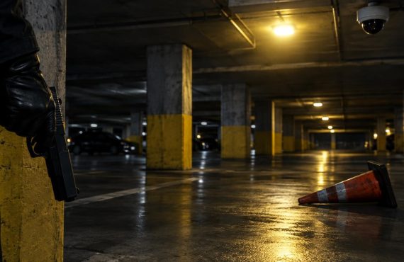 A person in a black leather glove holds a gun in a dim parking garage, with a traffic cone on the ground.