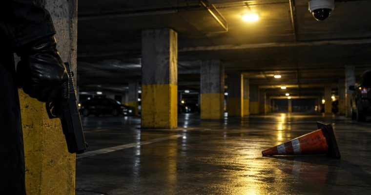 A person in a black leather glove holds a gun in a dim parking garage, with a traffic cone on the ground.