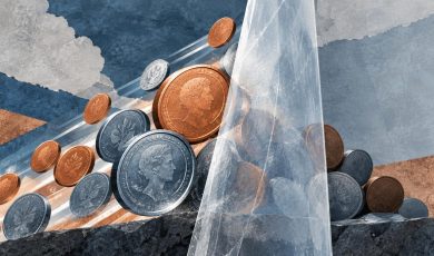 A stylized illustration shows a collection of silver and copper-colored coins resting against a rocky base and a transparent, angled sheet.