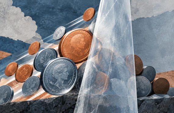 A stylized illustration shows a collection of silver and copper-colored coins resting against a rocky base and a transparent, angled sheet.