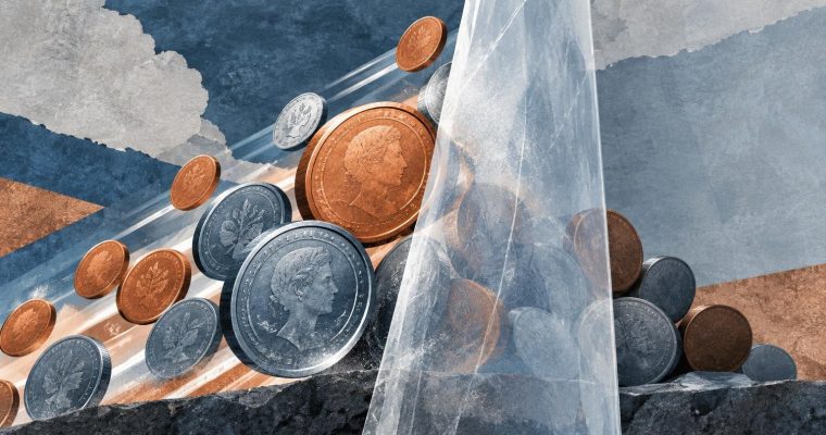 A stylized illustration shows a collection of silver and copper-colored coins resting against a rocky base and a transparent, angled sheet.