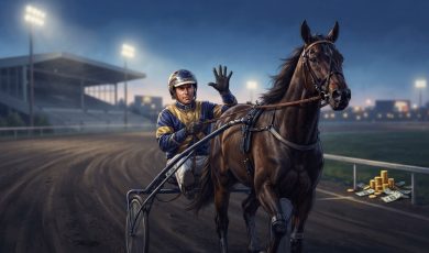 A harness racing driver wearing a helmet and racing suit waves to the crowd while seated in a sulky behind a brown horse on a track.