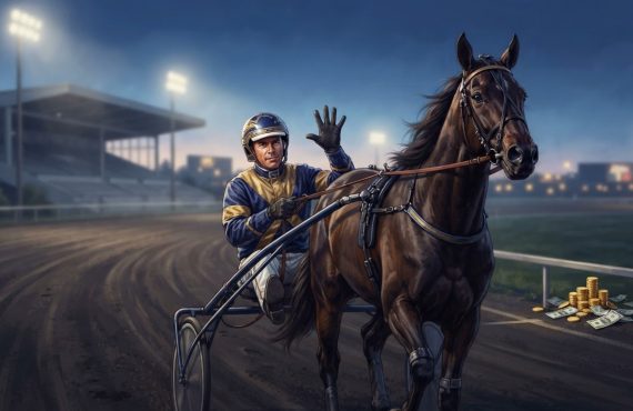 A harness racing driver wearing a helmet and racing suit waves to the crowd while seated in a sulky behind a brown horse on a track.