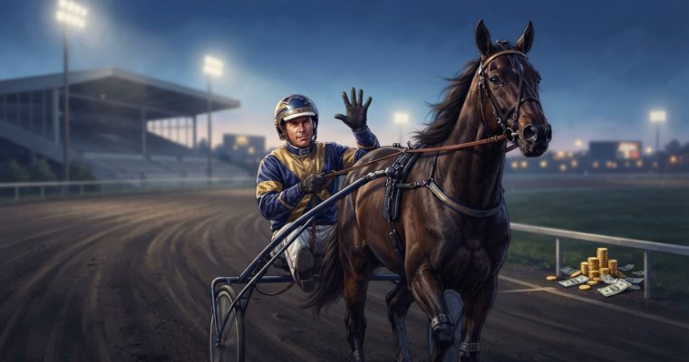 A harness racing driver wearing a helmet and racing suit waves to the crowd while seated in a sulky behind a brown horse on a track.