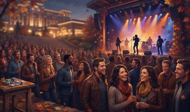 A crowd enjoys an outdoor autumn evening concert featuring a live band on stage under stage lights at a casino venue.
