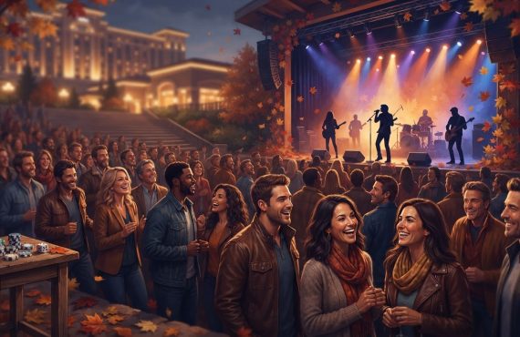 A crowd enjoys an outdoor autumn evening concert featuring a live band on stage under stage lights at a casino venue.