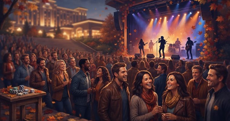 A crowd enjoys an outdoor autumn evening concert featuring a live band on stage under stage lights at a casino venue.