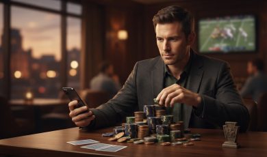 A man in a suit sits at a table with stacks of casino chips and playing cards while looking at his smartphone.