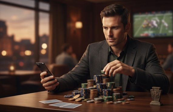 A man in a suit sits at a table with stacks of casino chips and playing cards while looking at his smartphone.