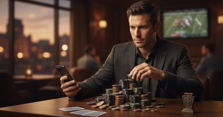 A man in a suit sits at a table with stacks of casino chips and playing cards while looking at his smartphone.