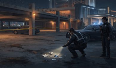 An officer crouches to examine evidence on the ground at night while another officer stands nearby in a parking garage.