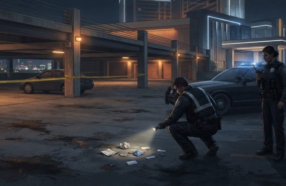 An officer crouches to examine evidence on the ground at night while another officer stands nearby in a parking garage.