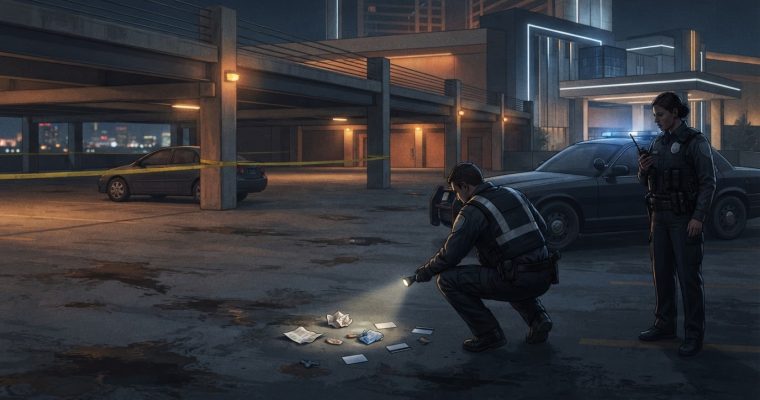 An officer crouches to examine evidence on the ground at night while another officer stands nearby in a parking garage.